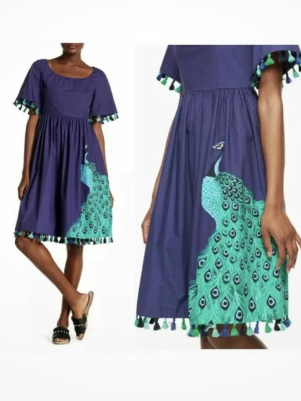 NWT Kate Spade Full Plume Peacock Poplin Tassel Dress Blue Size 0